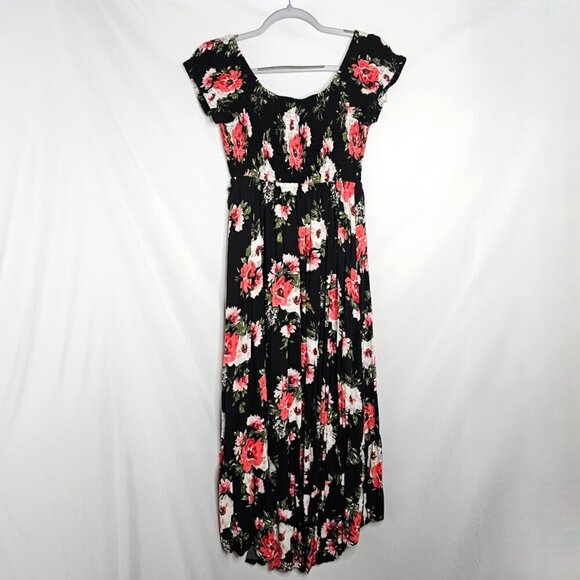 TORRID Challis Maxi Dress BLACK FLORAL PINK size 00 M 10 Hi-Low Off-Shoulder - Picture 10 of 11